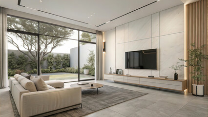 Obraz premium Modern minimalist living room design with blank wall. 3D rendering