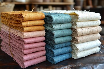 Stacked bundles of colorful fabric, showcasing various textures and hues for crafting or design.