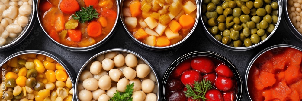 Poster a row of bowls filled with various types of food, including vegetables and beans. the bowls are arra