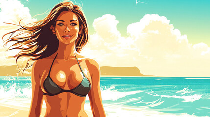 An American Girl Embracing the Sea Breeze in Her Bikini