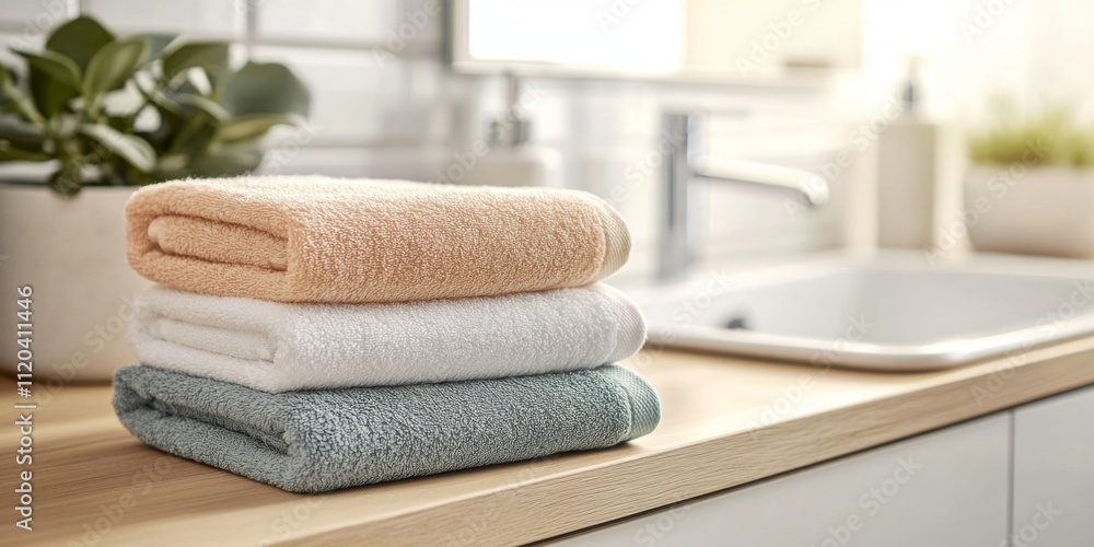 Poster three neatly stacked towels in soft colors. a calm and inviting bathroom scene with natural light. p