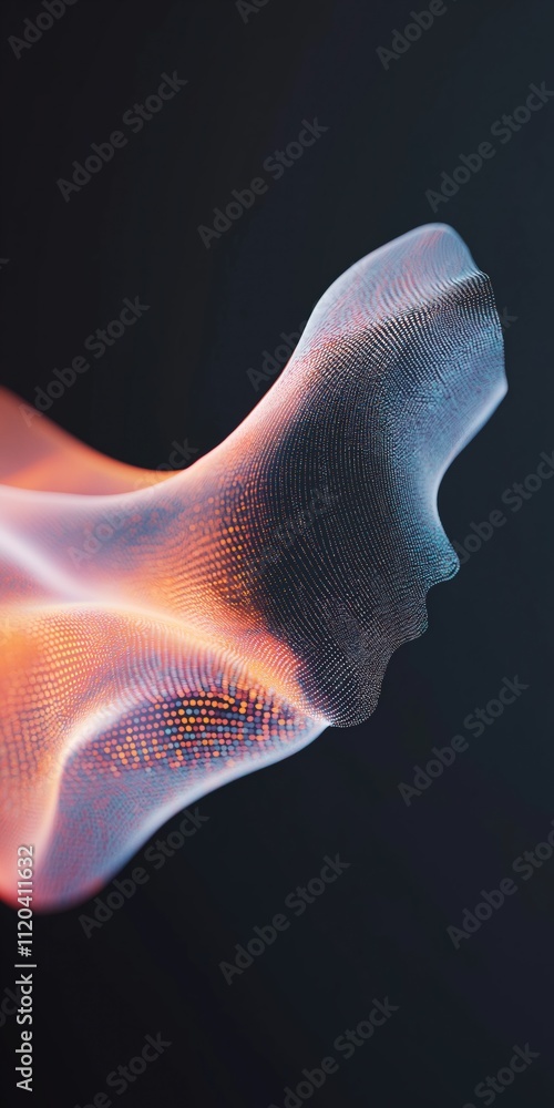 Poster a blurry image of a face with a lot of dots and a red line. the image is abstract and has a futurist