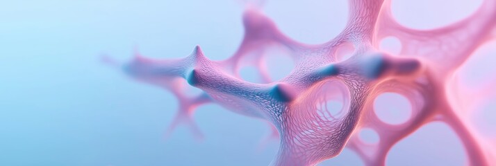 A pink and blue image of a cell with a pink and blue background. The cell is made of a mesh of pink and blue lines