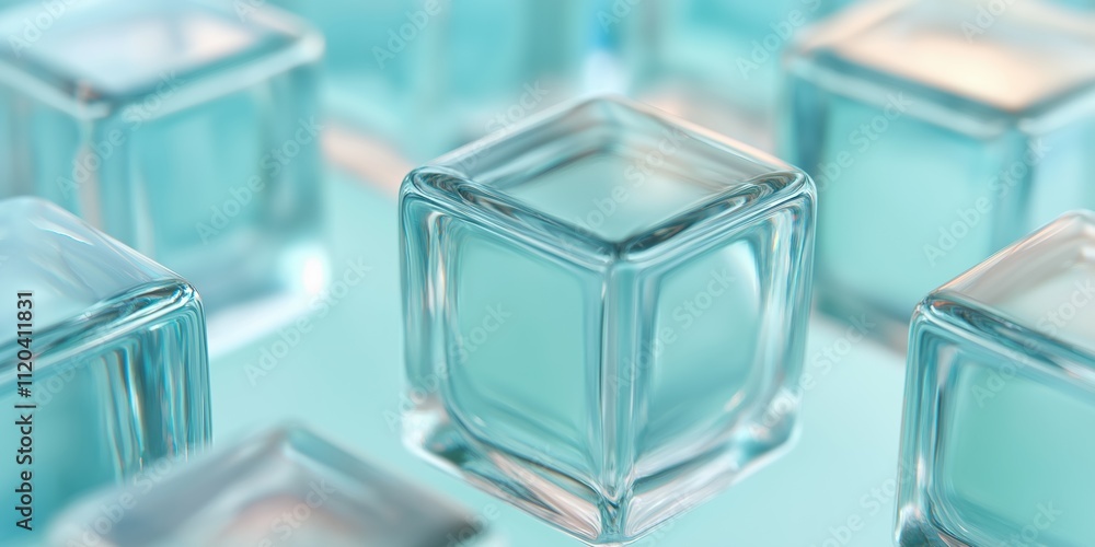 Poster a row of blue cubes are arranged in a pattern. the cubes are clear and appear to be made of ice. con