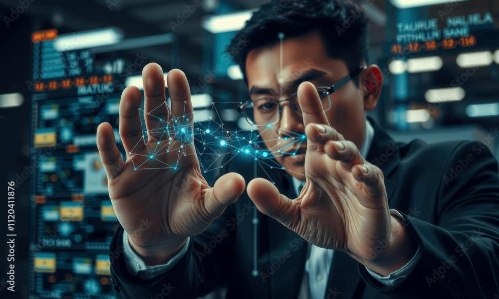 Poster businessman interacts with digital data visualization, showcasing cyber security concepts and techno