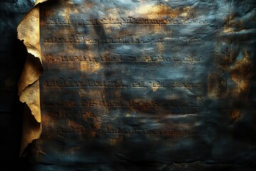 Ancient manuscript with faded text on a dark, textured surface.