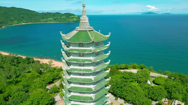 Thap Xa Loi in Da Nang showcases stunning Buddhist architecture surrounded by lush greenery and a serene coastline.