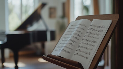 Classical music sheet notes elegantly displayed on a wooden stand, embodying the timeless beauty and intricate artistry of orchestral compositions.