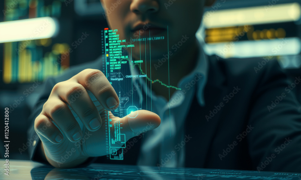 Poster business professional interacts with holographic display showing data analysis and cybersecurity met