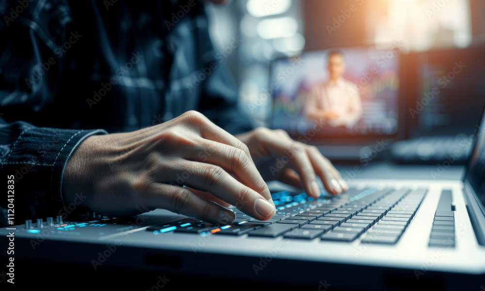 Poster person typing on laptop keyboard, focused on cyber security tasks, with blurred screen in background