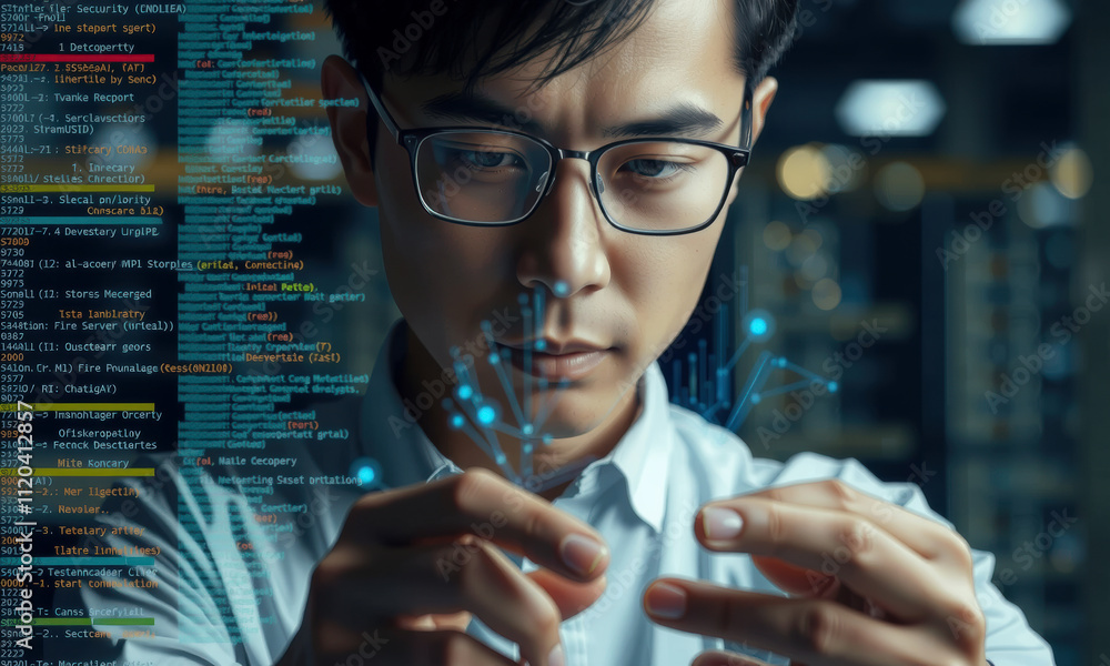 Poster focused man analyzing digital data with holographic elements, showcasing cyber security concepts and