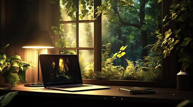Laptop on wooden table by window glowing in lush night ambiance  
Seamless looping 4k time-lapse virtual video animation Generated AI