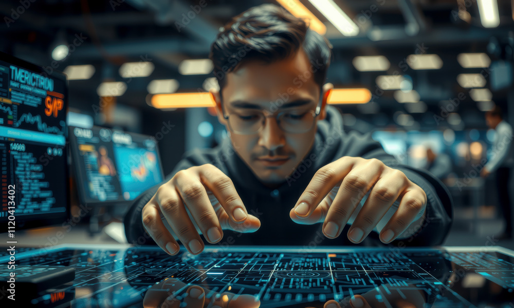 Poster focused man interacts with digital interface in modern cyber security environment, showcasing techno