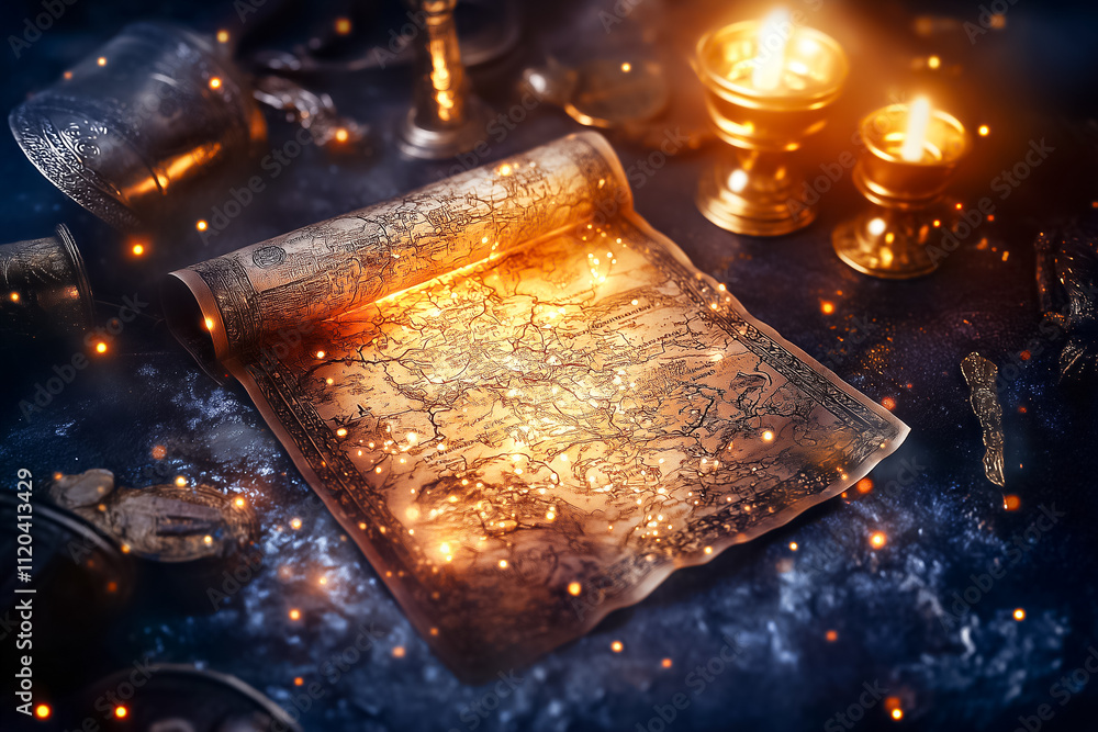 Poster a glowing map fragment rests among shimmering candles, casting an enchanting aura in a dimly lit are
