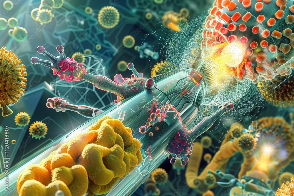 Poster Microbial attack on human cells depicted through vibrant digital art, illustrating the interaction between viruses and immune responses in an abstract environment