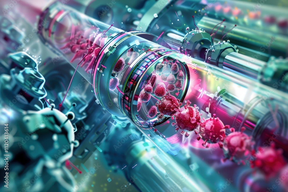 Poster Microbial attack on human cells depicted through vibrant digital art, illustrating the interaction between viruses and immune responses in an abstract environment