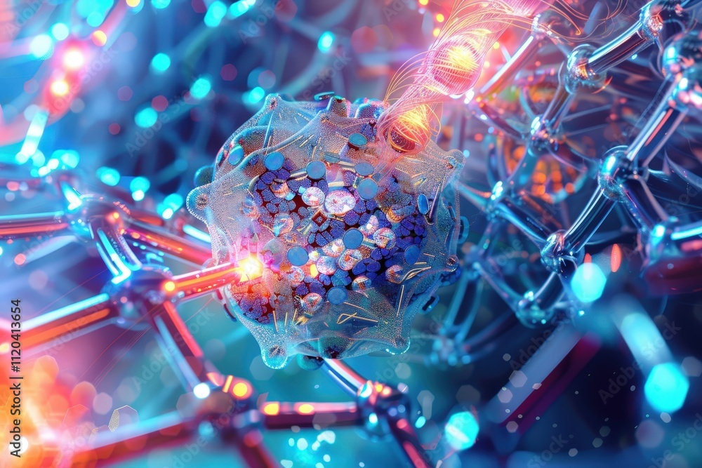 Poster Microbial attack on human cells depicted through vibrant digital art, illustrating the interaction between viruses and immune responses in an abstract environment