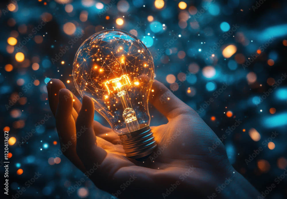 Poster a hand holding a light bulb with the concept of digital networking technology. symbolizes a business