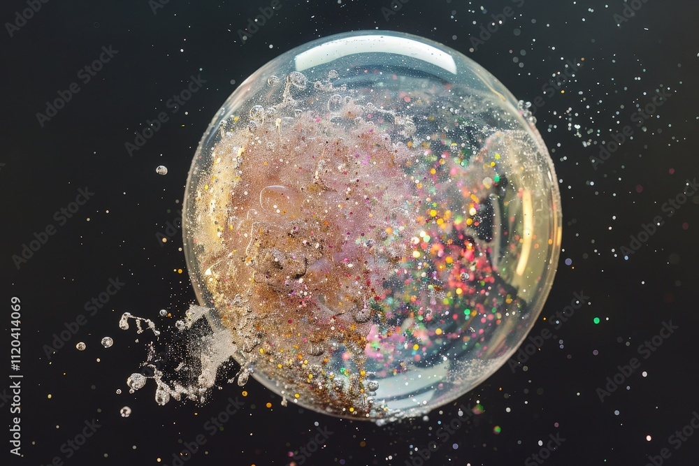 Poster Colorful bubble bursting with water droplets and shimmering glitter in a dark background creating a dynamic visual effect