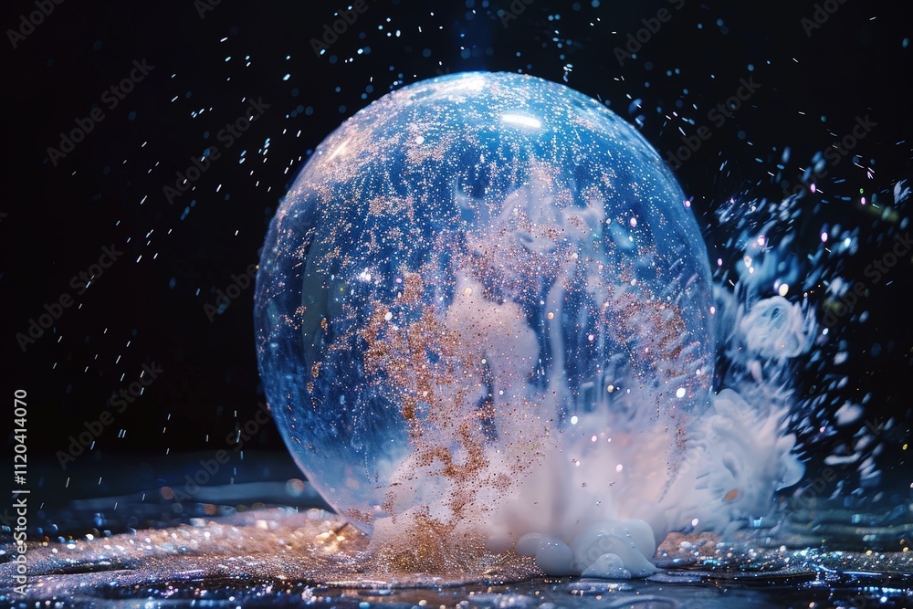 Poster Colorful bubble bursting with water droplets and shimmering glitter in a dark background creating a dynamic visual effect