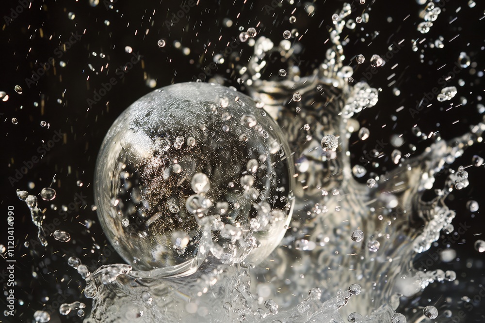 Poster Colorful bubble bursting with water droplets and shimmering glitter in a dark background creating a dynamic visual effect