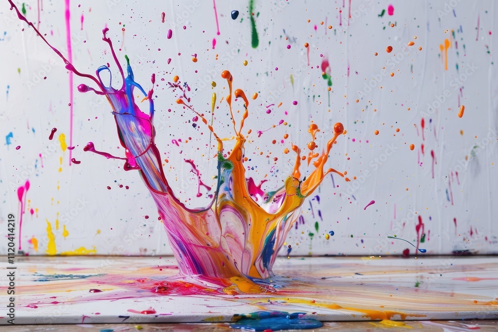 Poster colorful splashes of paint create vibrant patterns on a white background in an artistic display