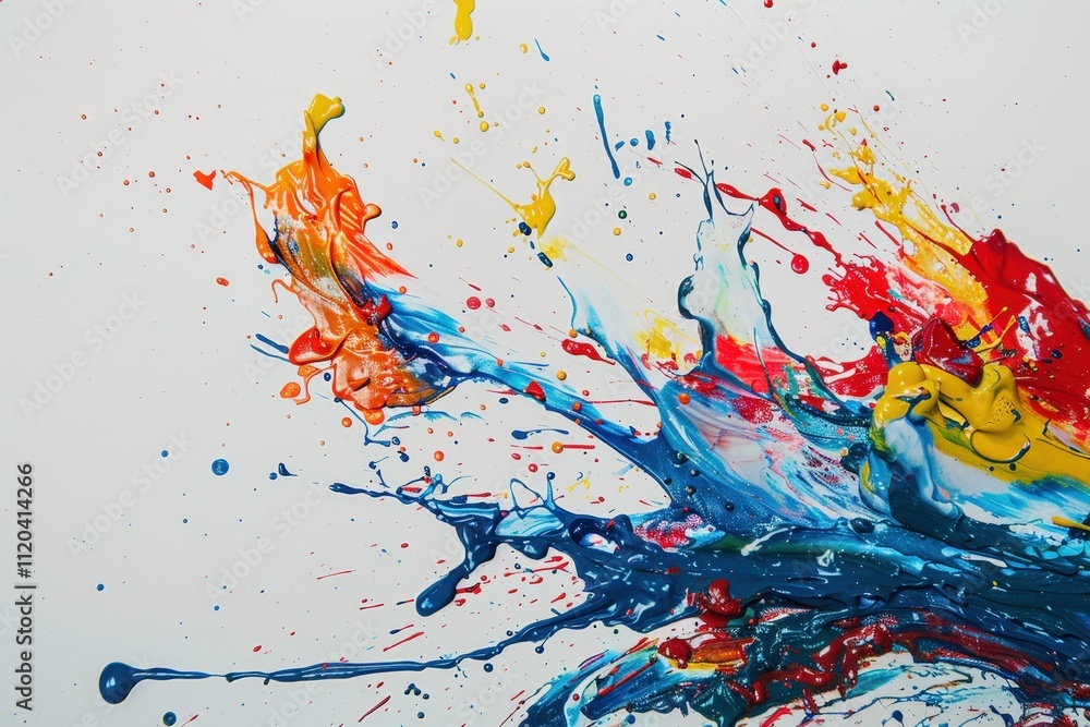 Poster colorful splashes of paint create vibrant patterns on a white background in an artistic display