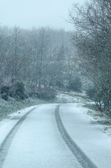 Obraz premium a mountain road on a winters day with tire tracks in the snow, wheel marks on a snow covered road