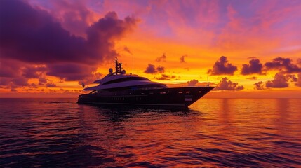Obraz premium sunset view of a yacht silhouetted against an orange and purple sky