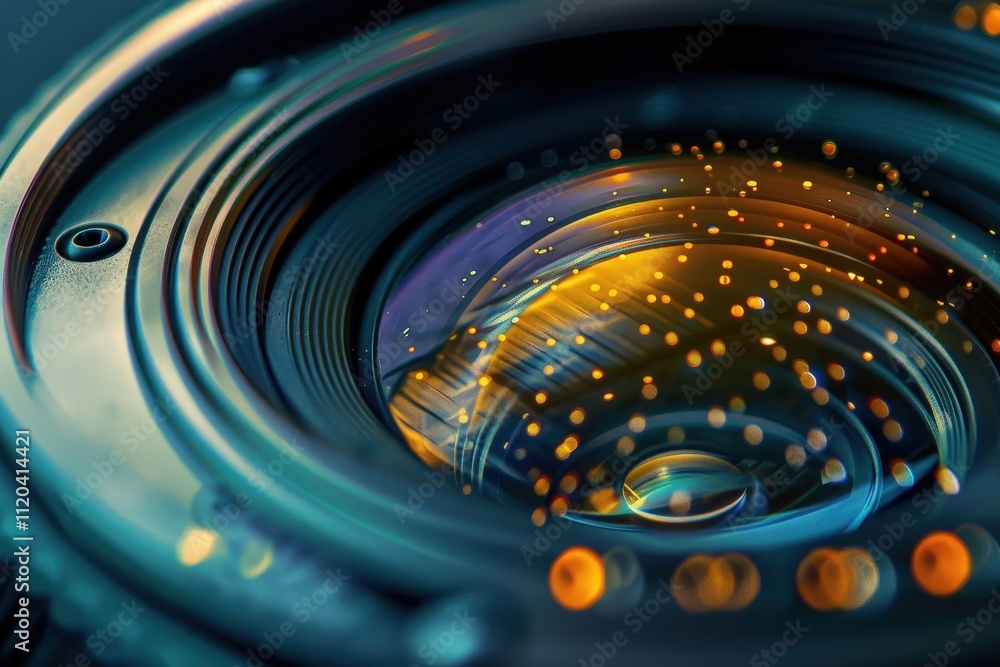 Poster close-up view capturing intricate details of a camera lens showcasing light reflections, textures, a