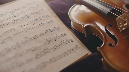 Fototapeta premium Classical music sheet notes elegantly displayed on a wooden stand, embodying the timeless beauty and intricate artistry of orchestral compositions.