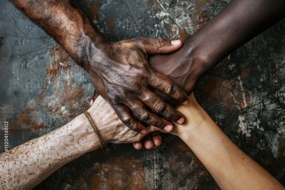 Aufkleber Unity exemplified through diverse hands coming together in a harmonious display of collaboration and support in an outdoor setting at midday