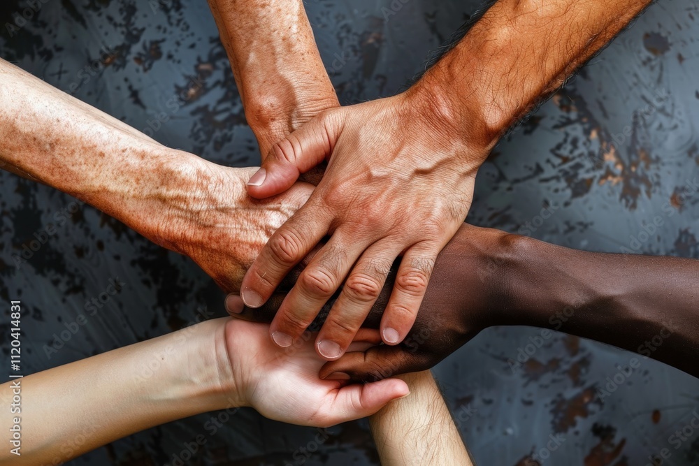 Poster Unity exemplified through diverse hands coming together in a harmonious display of collaboration and support in an outdoor setting at midday