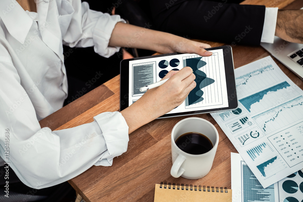 Poster financial data analysis dashboard by fintech bi or business intelligence display on tablet screen to