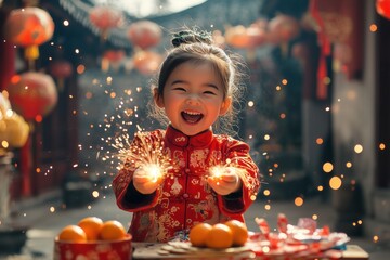 Chinese girl play with firecracker before  chinese new year