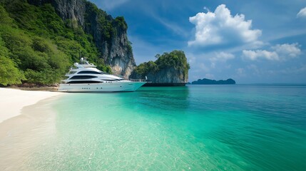 Obraz premium luxurious yacht anchored in a secluded bay, with pristine white sand beaches