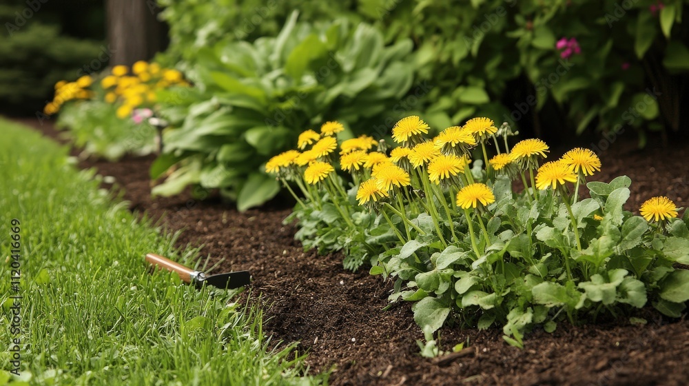 Poster visualize a homeowner using a hand tool to manually pull weeds from the garden, focusing on stubborn