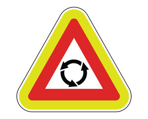 Roundabout Intersection Warning Sign Featuring Red Triangle and Black Circular Arrows Icon, Indicating a Roundabout Ahead, Available as a Vector File