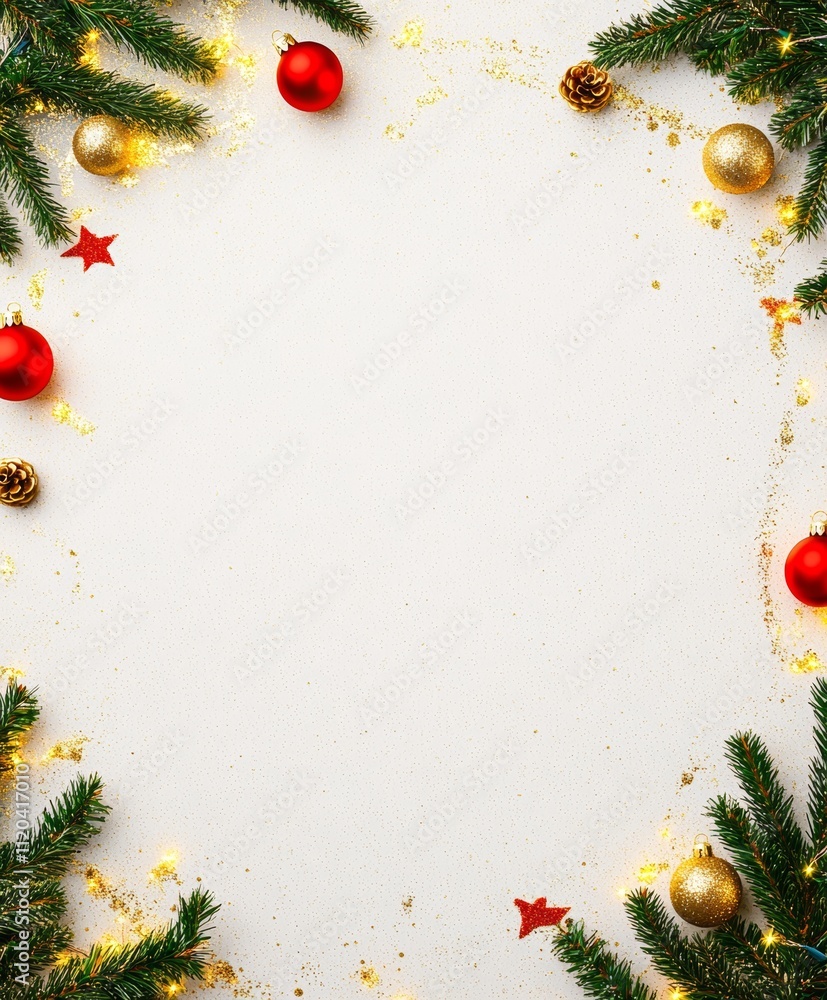 Wall mural christmas background with festive decorative decoration elements. christmas tree branches with light