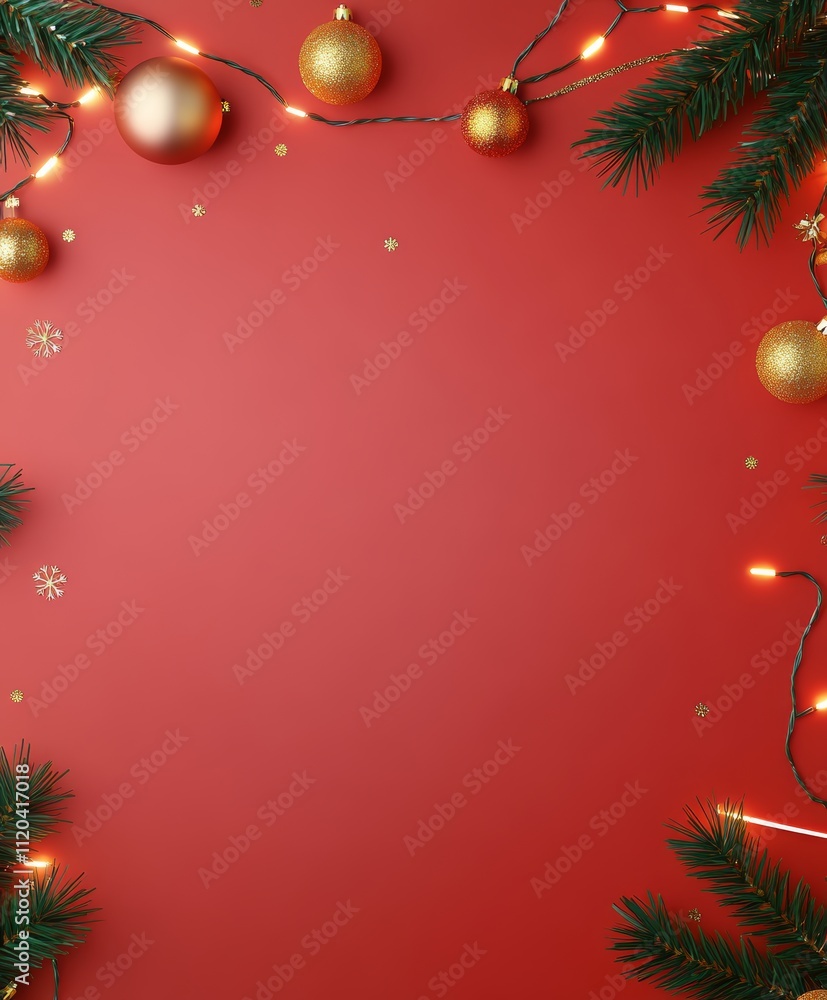 Wall mural christmas background with festive decorative decoration elements. christmas tree branches with light