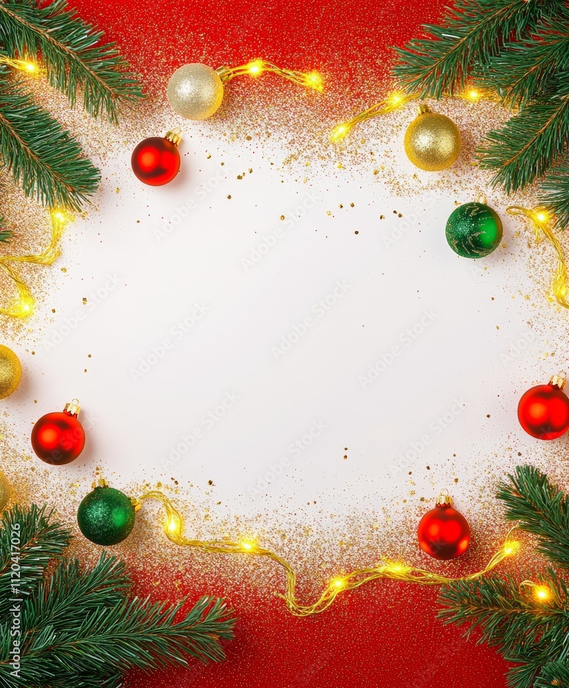 Wall mural christmas background with festive decorative decoration elements. christmas tree branches with light