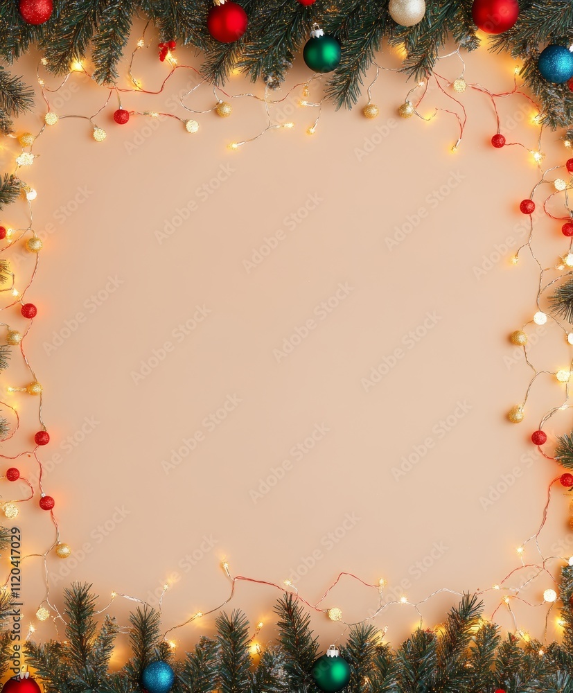 Wall mural christmas background with festive decorative decoration elements. christmas tree branches with light
