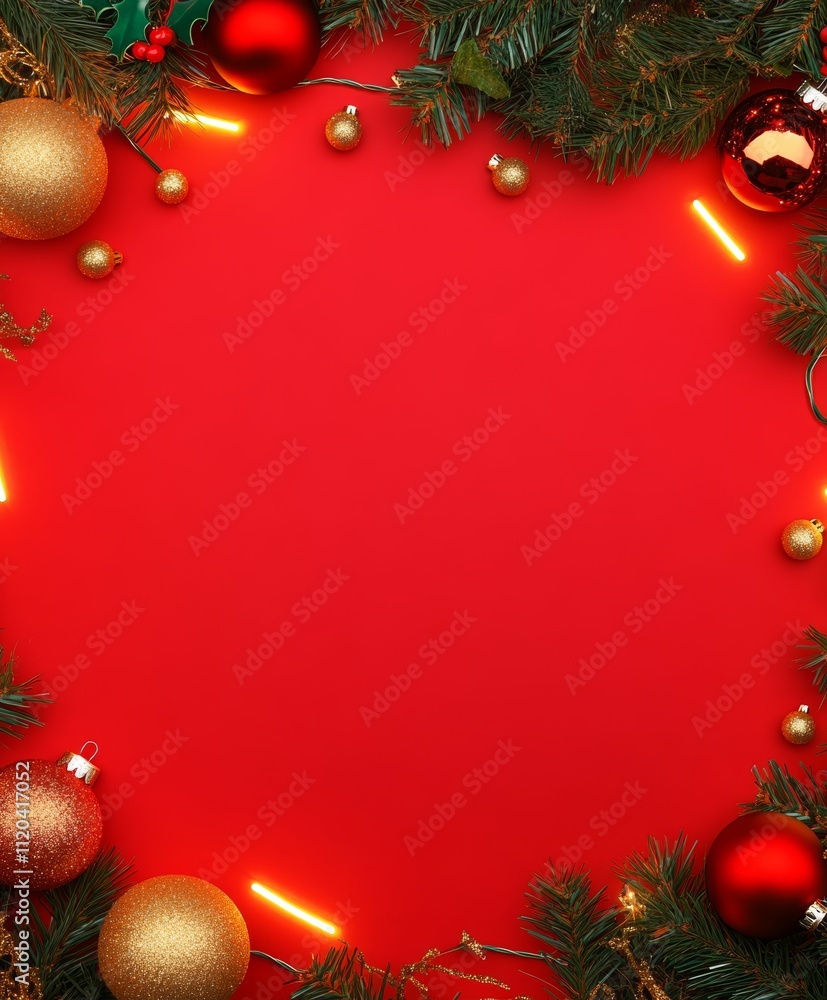 Wall mural christmas background with festive decorative decoration elements. christmas tree branches with light