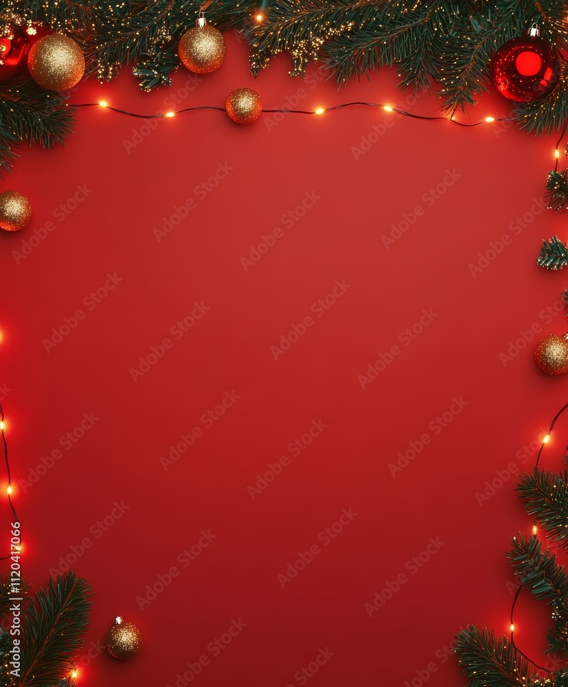 Wall mural christmas background with festive decorative decoration elements. christmas tree branches with light