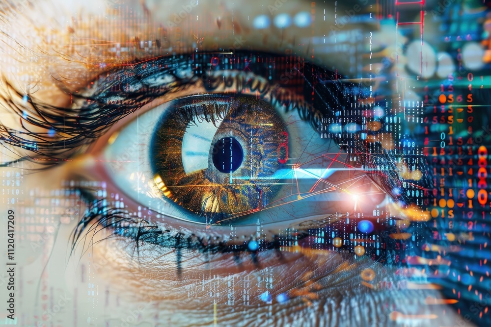 Poster Close-up view of an eye reflecting digital data and vibrant lights in a futuristic setting during nighttime, showcasing technology and modernity