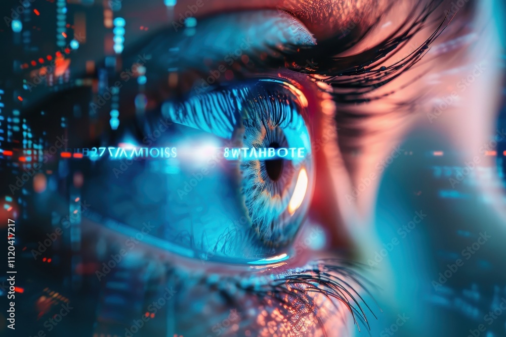 Leinwandbilder Close-up view of an eye reflecting digital data and vibrant lights in a futuristic setting during nighttime, showcasing technology and modernity