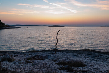 Single, slender stick stands upright on rocky shore. Silhouette contrasting against vibrant colors of the sky during fiery sunrise in bay Kamenjak national park, Adriatic Mediterranean Sea, Croatia