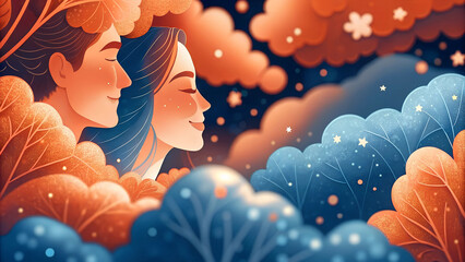 Valentine's Day Backgrounds. Illustration of a dreamy couple among trees, clouds and stars in orange and blue colors. Concept of love and family journey together