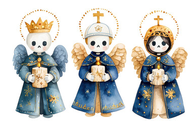Three whimsical angel figurines holding candles in festive attire, white isolate background.