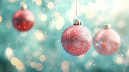 Fototapeta premium Three red Christmas baubles hanging in front of a blue background with bokeh lights and falling snow.